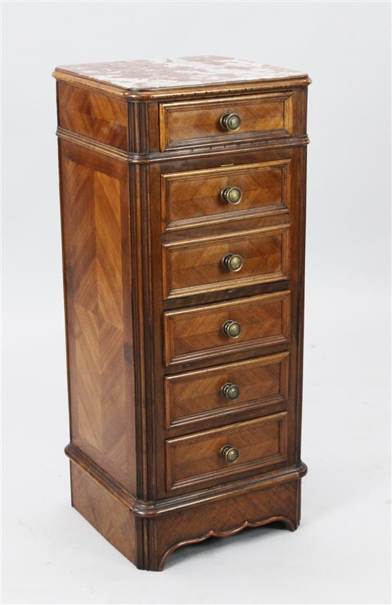 A French walnut and marble bedside cupboard, W. 1ft 3in. D. 1ft 2.5in. H. 3ft 0.5in.